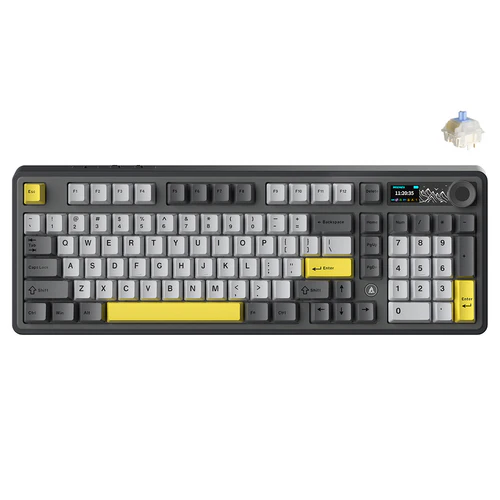 Ajazz AK980 RGB Tri Mode 98% 97 Keys Gasket Mounted Hot Swappable Mechanical Keyboard with 1 14" TFT Display Screen & Knob (Black/Grey/Yellow) (Maillard Switch, Gift Switch V2)