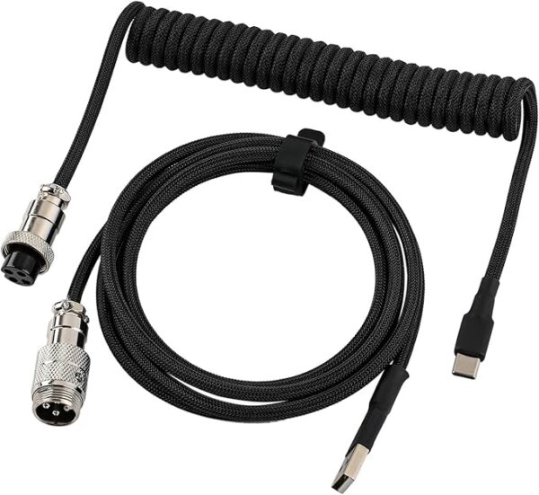 Custom Coiled USB C Cable for Gaming Keyboard, Double Sleeved Mechanical Keyboard Cable with Detachable Metal Aviator, 1 5M USB C to USB A, Classic Black Color