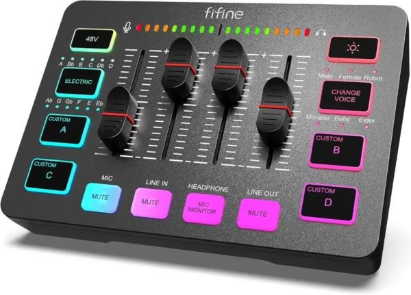 FIFINE AmpliGame SC3 Gaming USB Mixer with XLR/Headset Input, Monitoring, Line In/Out, Faders, Mute/Voice Effect/Sample, 20Hz   20kHz Frequency Response, Up to 90dB, Mute Button | MI19
