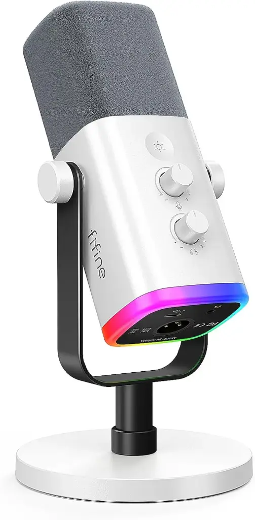 FIFINE XLR/USB Gaming Microphone for Streaming Podcasting, PC Computer RGB Mic, with Gain Knob, Mute Button, Monitoring Jack, Gamer Mic for Recording Video Creation AmpliGame AM8 White