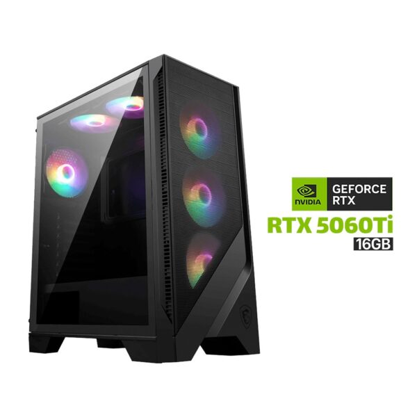 Gaming PC i7 14700F, B760M A WiFi DDR5 Motherboard, 32GB DDR5 RAM, 1TB NVMe SSD, RTX 5060 Ti 16GB VGA, 750 WATT GOLD PSU, AZZA L240 Liquid Cooler, MSI MAG Forge 120A AirFlow Mid Tower Case With 6x RGB Fans Black, Windows 11 Pro License