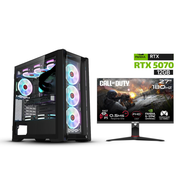 Gaming i7 13700F CPU, B760 DDR5 Motherboard, 32GB D5 RAM, 1TB NVMe SSD, RTX 5070 12GB, 850 WATT PSU, L240 Liquid Cooler, GameOn Vortex Mid Night Series Case 4x RGB Fans, Win 11 Pro (License) + GAMEON Call Of Duty 27’’ FHD 180Hz HDMI 2 1 Gaming Monitor