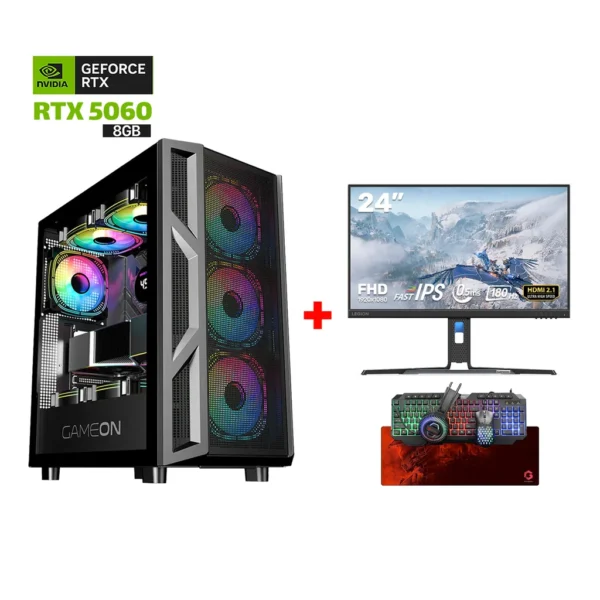 Gaming PC Intel Core i5 12400F,H610 D4 Motherboard,16GB Ram D4,1TB SSD NVME,RTX 5060 8GB VGA,750 WATT PSU,GameOn Trident Case,Win 11 Pro+Lenovo Legion R24E 24” FHD 180Hz HDMI 2 1 Gaming Monitor + Gameon All In One Keyboard,Headset,Mouse,Mousepad Bundle