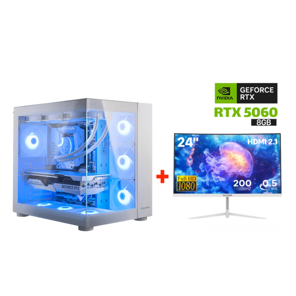 Gaming PC Intel Core i5 14400F,H610 D5 Motherboard,16GB D5 RAM,1TB NVME SSD,RTX 5060 8GB VGA White,700 WATT PSU,Cougar FV150 RGB Mid Tower Case White,4x Pre Installed RGB Fans,Win 11 Pro (License)+Sades 24" FHD 200Hz HDMI 2 1 Curved Gaming Monitor