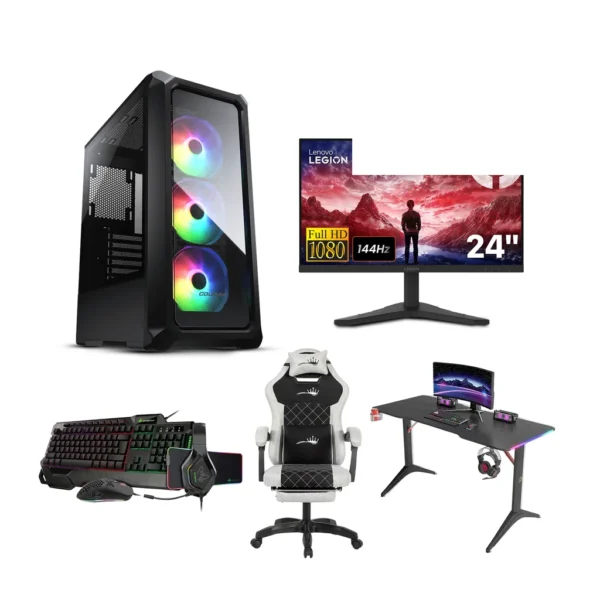 Gaming PC   Intel i5 12400F, H610 D4 Motherboard, 16GB DDR4, 1TB NVMe SSD, RTX 5050 8GB, 650 WATT PSU, Cougar Archon 2 With 3 ARGB Fans, Win 11 Pro, Lenovo Legion 24’’ FHD 144Hz Gaming Monitor, Royal RGB Desk & C23 Chair White, SharX Jaws Wired Bundle