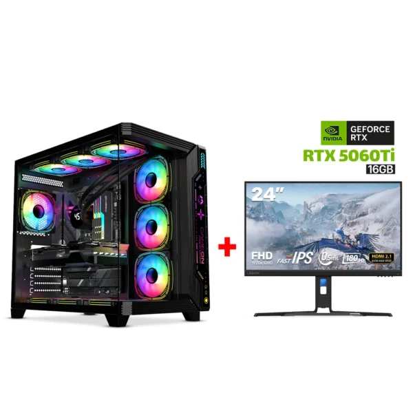 Gaming PC i5 14400F CPU, B760M DDR5 MB, 32GB DDR5 RAM, 1TB NVMe SSD, GeForce RTX 5060 Ti 16GB VGA, 750 WATT PSU, GameOn Pulse Series Mid Tower Case, USB Wi Fi Adapter, Win 11 Pro (License), Lenovo Legion R24E 23 8" FHD 180Hz Gaming Monitor (67CCGAC4A