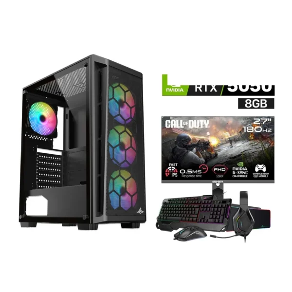 Gaming PC i5 14400F, H610 D4 Motherboard, 16GB D4 RAM, 1TB NVMe SSD, RTX 5050 8GB VGA, 750 WATT PSU, Sharx Razorfin R 200 Case, 4 RGB Fans, USB Wi Fi Adapter, Windows 11 Pro (License) Gameon Call Of Duty FHD Gaming Monitor + SharX Jaws JS4X1 Gaming Bundle