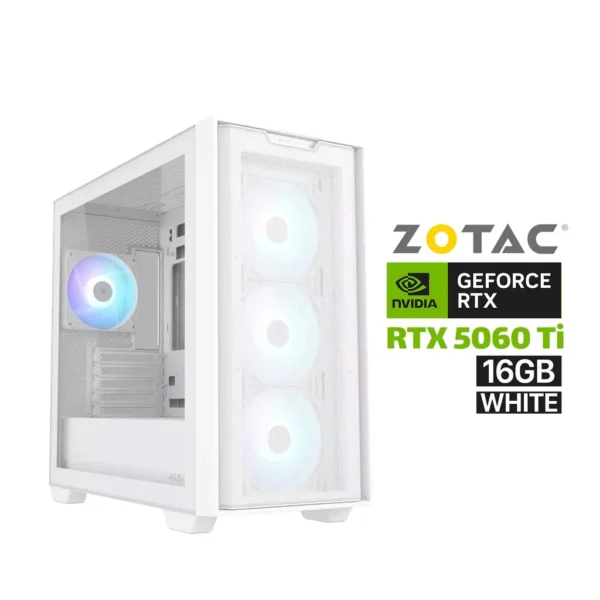 Gaming PC i5 14400F Processor, GIGABYTE B760 DDR5 Motherboard, 16GB DDR5 RAM, 1TB NVMe SSD, ZOTAC RTX 5060 TI 16GB White Graphics Card, 750 WATT GOLD PSU, Asus A21 Plus Micro ATX Case 4x ARGB Fans, USB Wi Fi Adapter, Windows 11 Pro License