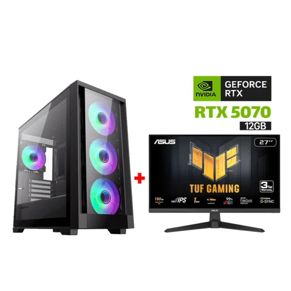 Gaming PC i5 14400F Processor, MSI BOMBER B760 WIFI D5 Motherboard, 32GB RAM DDR5, 1TB SSD NVME, RTX 5070 12GB VGA, 850 WATT PSU, AZZA L240 Liquid Cooler ,GameMax Defender TG Mid Tower Case, Windows 11 Pro (License) + Asus TUF Gaming 27" FHD Monitor