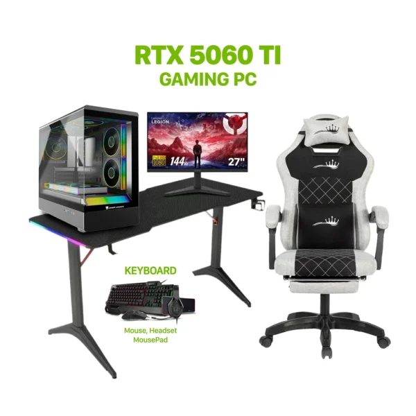 Gaming PC – Intel Core i5 14400F, ASUS H610 D5 WiFi, 16GB D5 RAM, 1TB NVMe SSD, RTX 5060 Ti 16GB, 750W PSU, Jungle Leopard mATX Case with 3 ARGB Fans, Windows 11 Pro, Lenovo 27" 144Hz Monitor, SharX JS4X1 Bundle, Royal RGB Desk & Royal C23 Gaming Chair