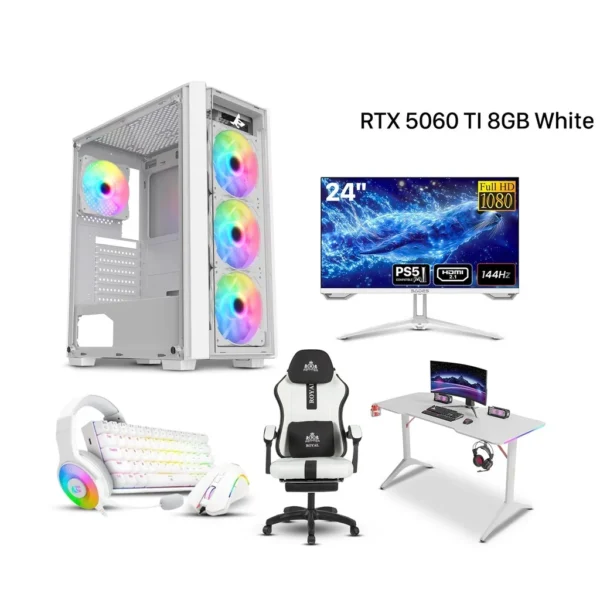 Gaming PC – Intel Core i5 14400F, H610 D5 Motherboard, 16GB D5 RAM, 1TB NVMe SSD, RTX 5060 Ti 8GB White VGA, 750W PSU, Sharx Striker Case 4x RGB Fans, Win 11 Pro + Sades 24" FHD 144Hz Monitor, C23 Chair, RGB Desk, Redragon Wired Bundle