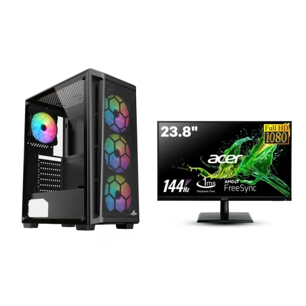 Gaming PC – Intel i5 12400F Processor, H610 D4 Motherboard, 16GB DDR4 RAM, 1TB NVMe SSD, RTX 3050 6GB GPU, 650W PSU, Sharx Razorfin ATX Case 4x RGB Fans, USB WiFi, Windows 11 Pro, Acer 24" 144Hz Monitor, Royal RGB Desk, C23 Chair & SharX JS4X1 Bundle