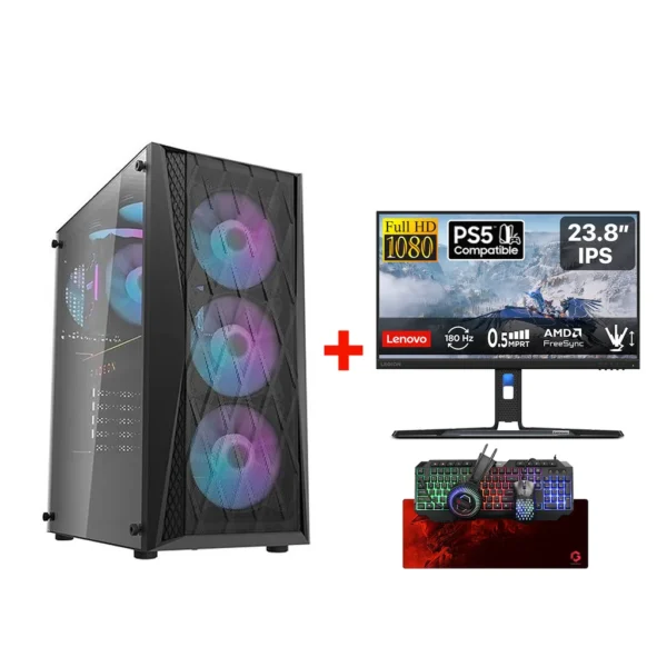 Gaming PC,i5 13400F CPU,H610 D4 Motherboard,16GB RAM D4,1TB SSD NVME,RTX 3050 6GB VGA,700 WATT PSU,DarkFlash DK352 ATX Mid Tower Case,4x ARGB Fans,Win 11 Pro+Lenovo Legion R24E 23” FHD Gaming Monitor+Gameon All In One Wired Keyboard,Headset,Mouse,Mousepad