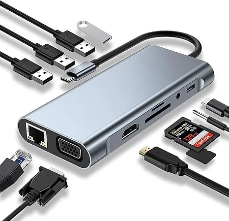 USB C HUB, USB C Adapter 11 in 1 Dongle with 4K HDMI, VGA, Type C PD, USB3 0, RJ45 Ethernet, SD/TF Card Reader, 3 5mm AUX, Docking Station Compatible with MacBook Pro/Air, Other Type C Laptops