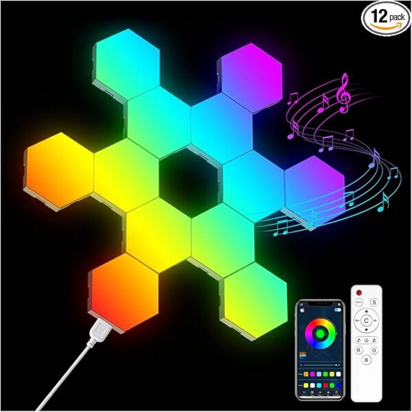 Hexagon Lights Wall RGB Panel   Smart APP RGB Hexagonal Modular Gaming Light Music with Sync Honeycomb Shape Panels Hexagon Lights for Bedroom Children Room (12 Pack)