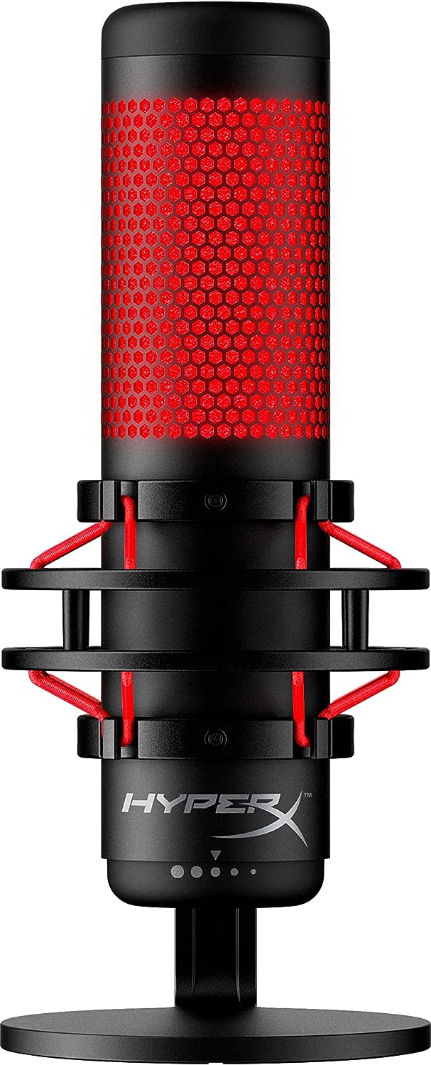 HyperX QuadCast USB Condenser Gaming Microphone, for PC, PS4, PS5 and Mac, Anti Vibration Shock Mount, Four Polar Patterns, Pop Filter, Gain Control, Podcasts, Twitch, YouTube, Discord, Red LED