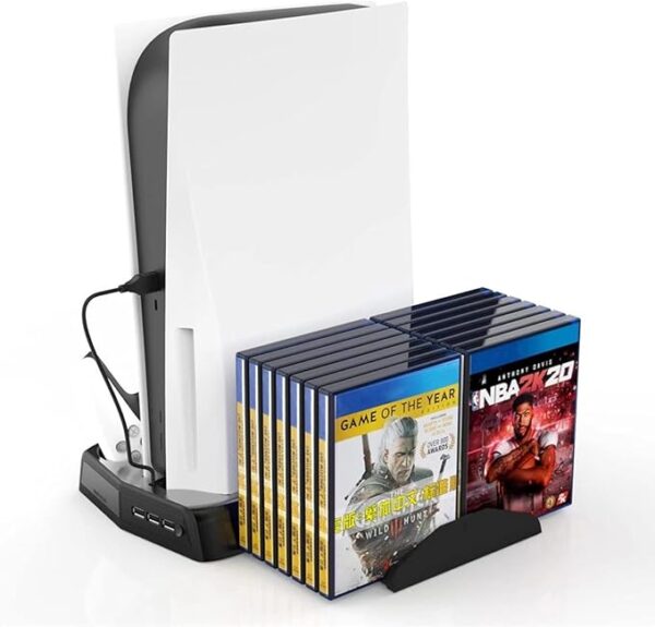 KJH P5 010 2 PS5 Cooling Fan Station and Dual Controller Charger Station for Playstation 5 PS5 Console, LED Indicator + 16 Game Storage disc Holders, 3 USB Ports (Black)