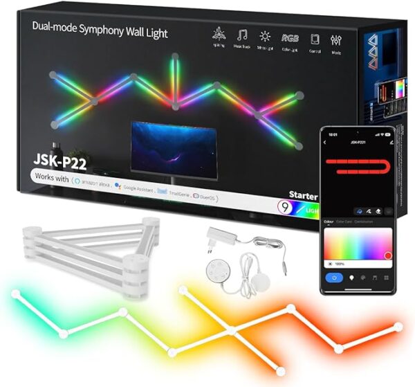 LED Smart Glide Wall Line Light, WiFi RGB LED Wall Light for Gaming Room, 16M+ Colors, Music Sync, Compatible with Alexa and Google Assistant(9 Light Lines,White)