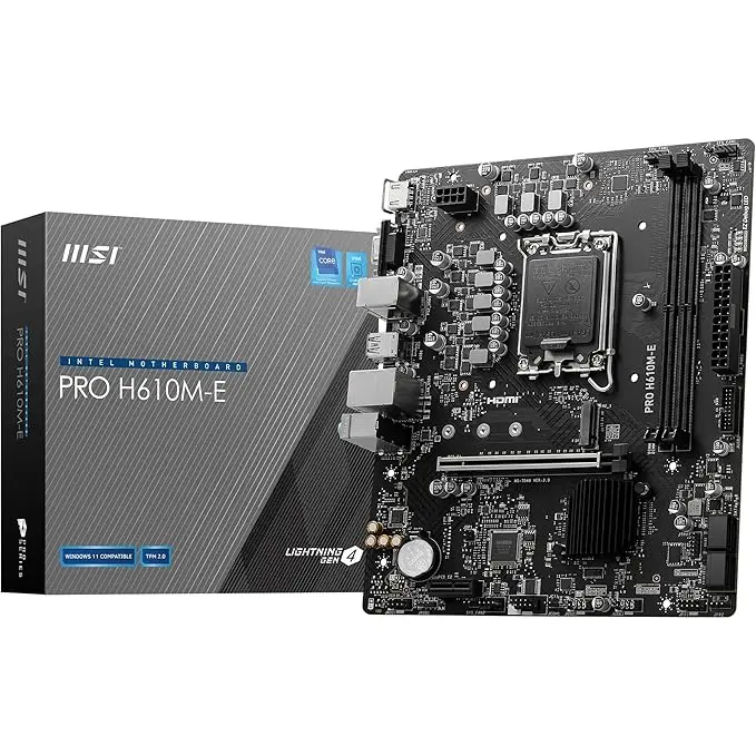 MSI PRO H610M E Motherboard, Micro ATX Supports 14th/13th/12th Gen Intel Core Processors, LGA 1700 DDR5 Memory Boost 5600MHz/MAX, PCIe 4 0 x16 Slot, M 2 Gen3 Slot