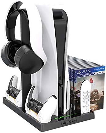 Multi Function Charging Stand with Cooling Fan for PS5 Disc/Digital Edition/PS5 Controller, Vertical Charger Cooling Storage Stand for Playstation5 (Black)