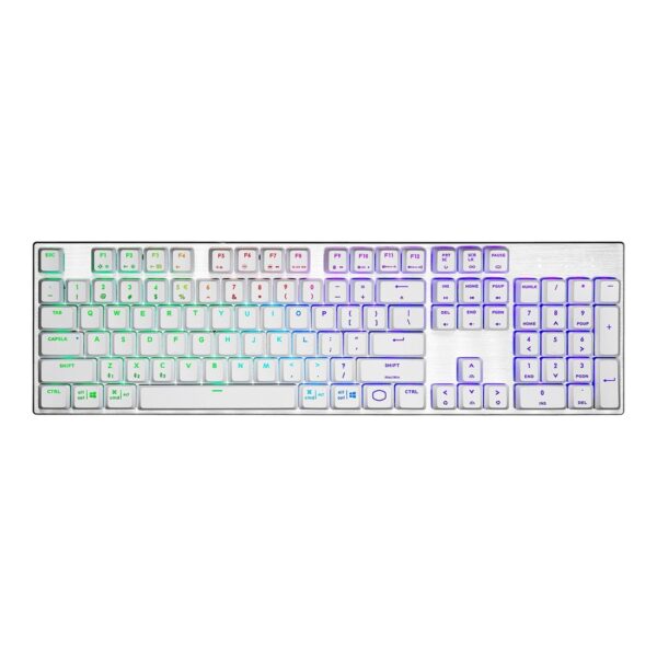 Cooler Master SK653 Full Sized Wireless/Bluetooth RGB Mechanical Keyboard With Low Profile Clicky Blue Switch   White