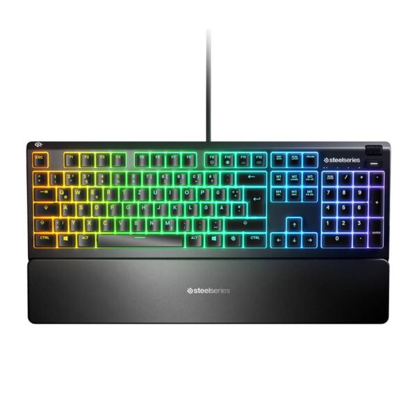 SteelSeries Apex 3 Wired USB RGB Membrane Gaming Keyboard, 10 Zone RGB Illumination, IP32 Water Resistant, Premium Magnetic Wrist Rest, Whisper Quiet Switches   Black | US 64795