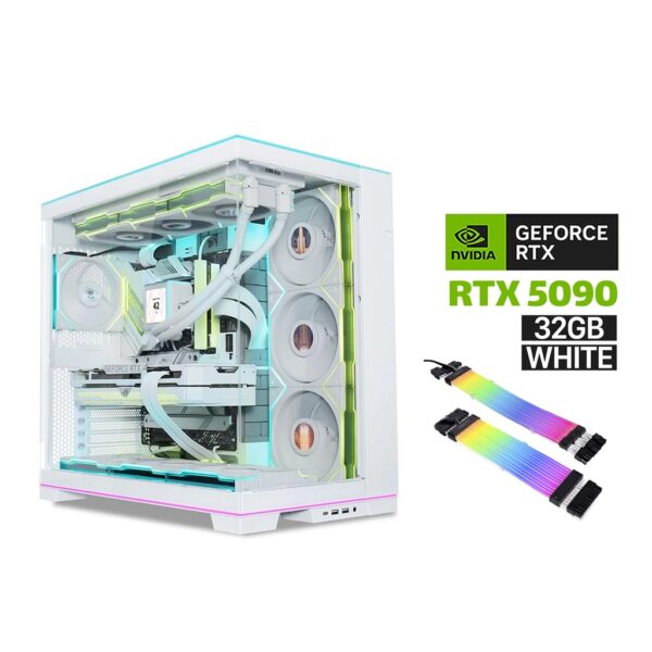 Ryzen 9 9950X3D CPU,GigaByte X870 Motherboard,FURY RGB 96GB RAM,2TB+2TB NVMe SSD,GIGABYTE RTX 5090 32GB White,ROG Thor PLATINUM 1200W PSU,Lian Li 360R Liquid Cooler,6x Lian Li ARGB Fans,Lian Li Strimers Cables,Lian Li O11 Dynamic EVO Case,Win 11 Pro
