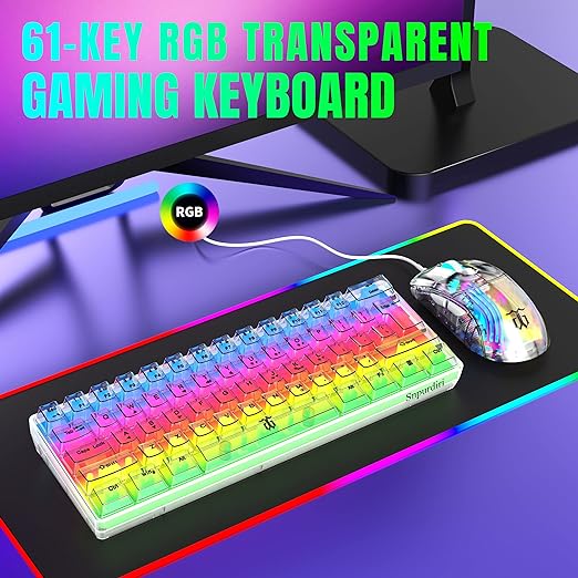 Snpurdiri 60% Wired Gaming Keyboard, RGB Backlit Ultra Compact Mini Keyboard, Waterproof Small Compact Transparent Keycaps for PC/Mac Gamer(White Transparent)