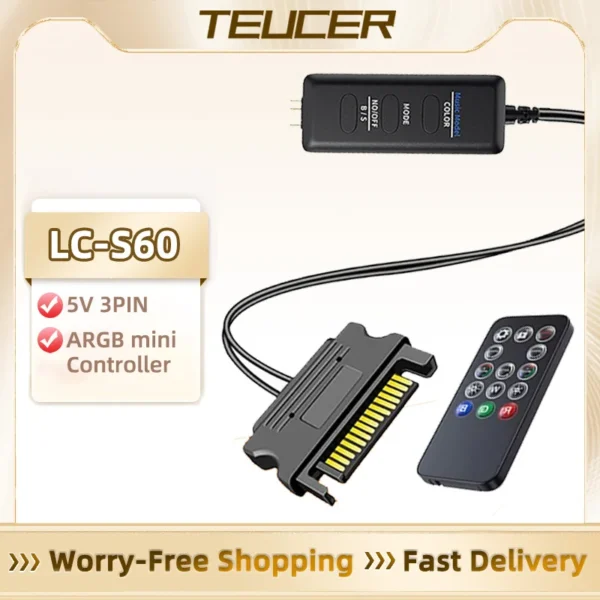 TEUCER LC S60 ARGB Controller Cable 5V 3PIN to SATA Interface Extension Controller with Remote Control for PC Cooling Fan