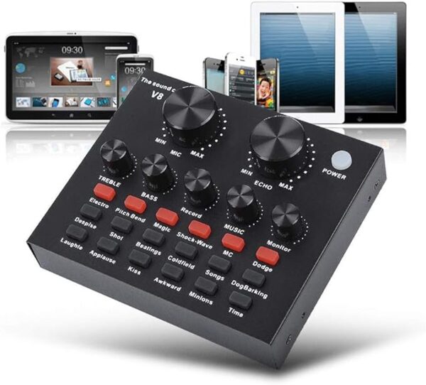 V8 Live Sound Card, USB External V8 Karaoke Recording Mobile Audio Mixer, Audio Live Broadcast KTV Sound Card for Live Broadcast, K Songs, Recording, Voice Chatting